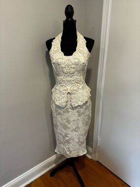 VTG Jessica McClintock Sz9-10 Ivory Lace Halter Peplum Pearl Prom Wedding Dress